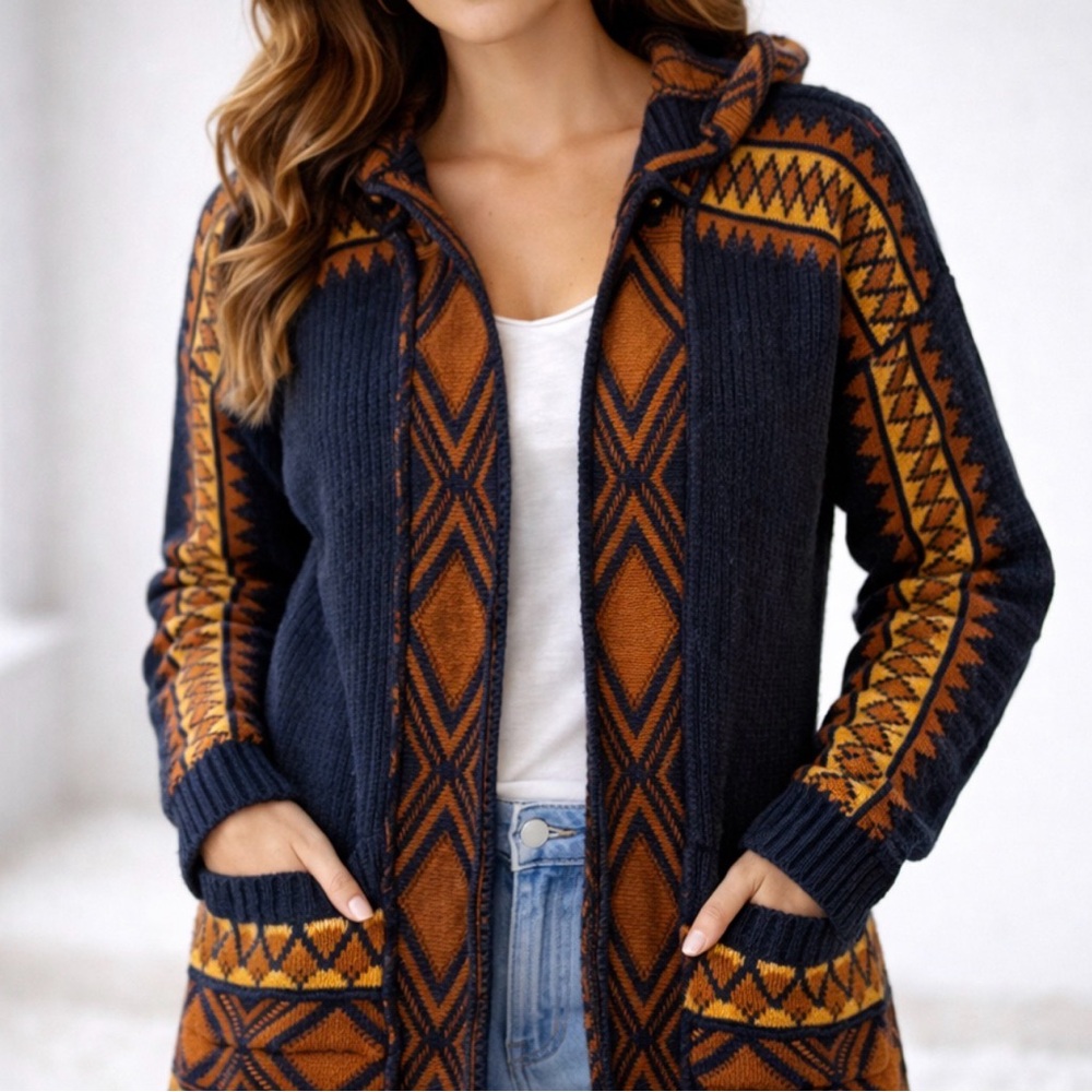 Lucky Brand Navy and Orange Geometric Cardigan